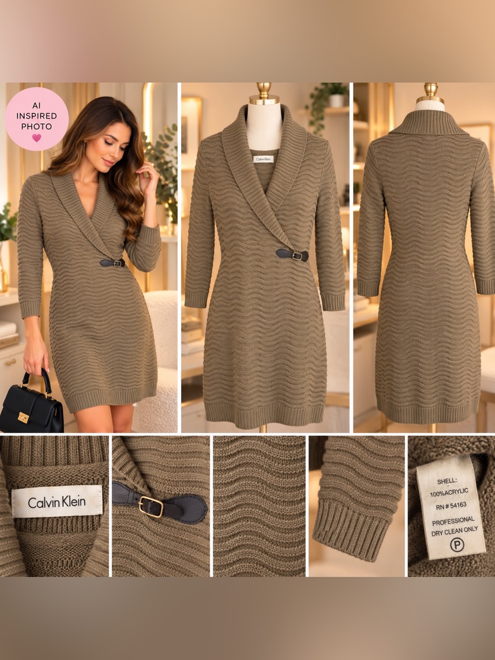 Calvin Klein Olive-Tan Shawl Collar Knit Wrap Sweater Dress